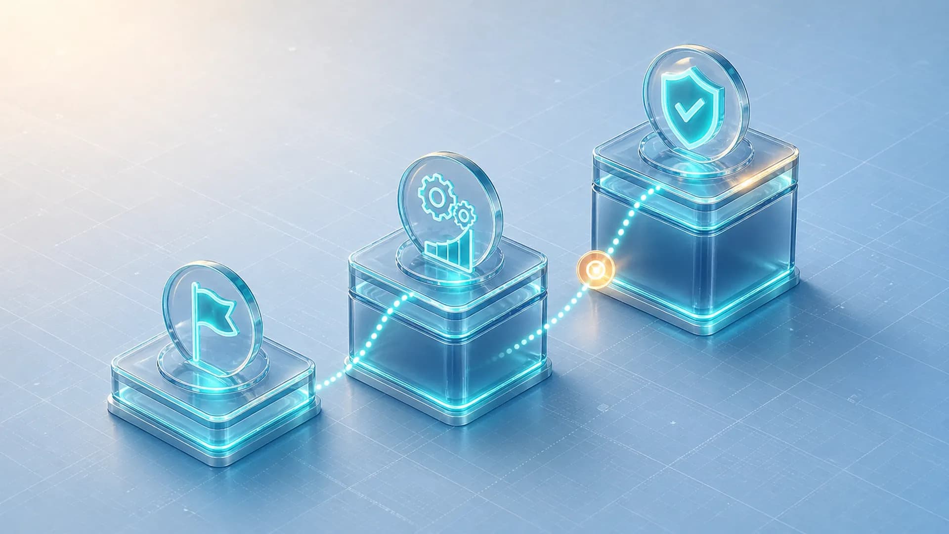 An isometric diagram of three ascending stages, pilot, build, and production, linked by a rising path with a progress marker, representing a 90-day AI operations plan.