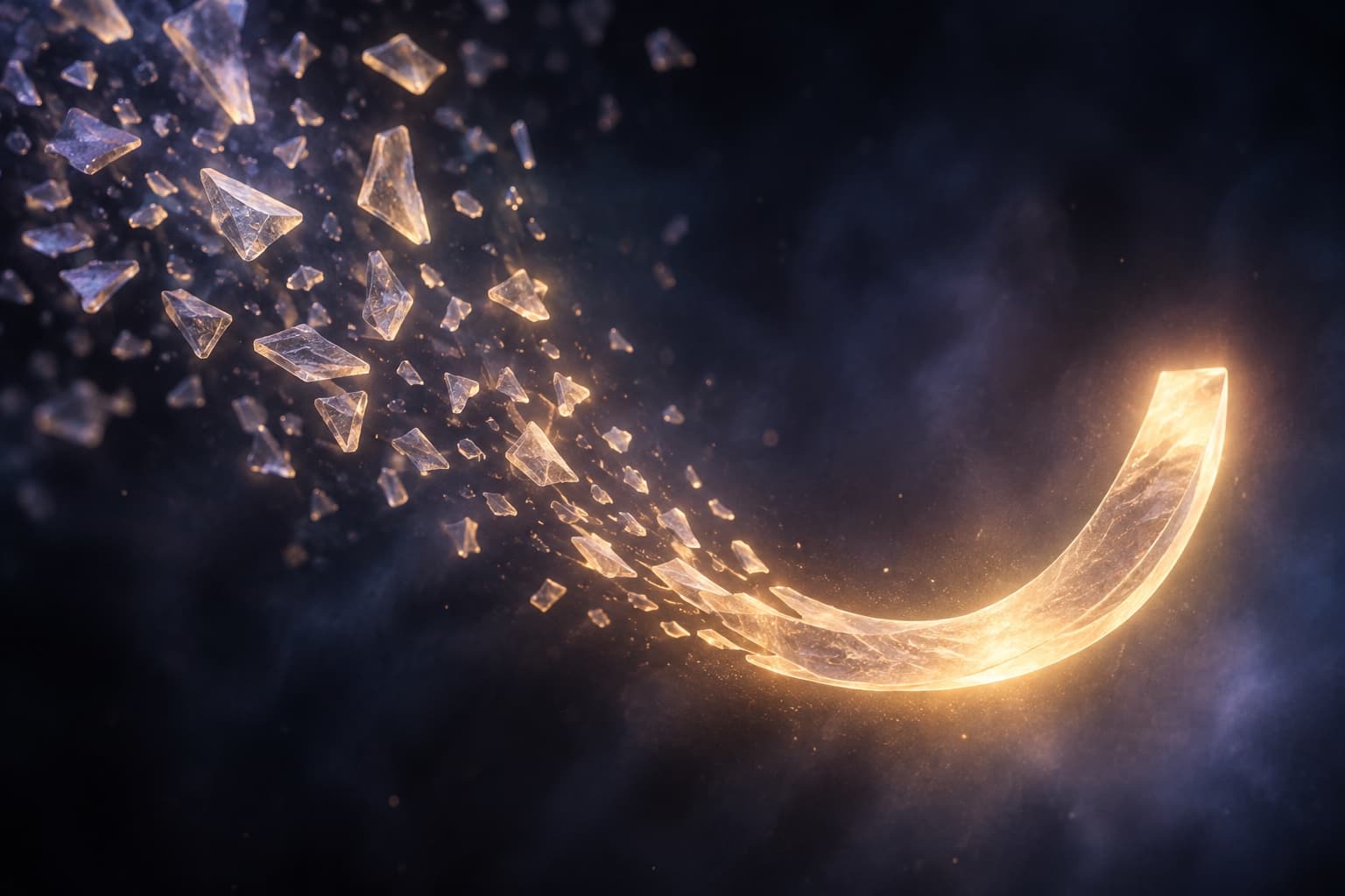 Abstract illustration of scattered frosted-glass light fragments converging into a single glowing, ordered arc against a dark background, symbolizing scattered signals resolving into one coherent structure