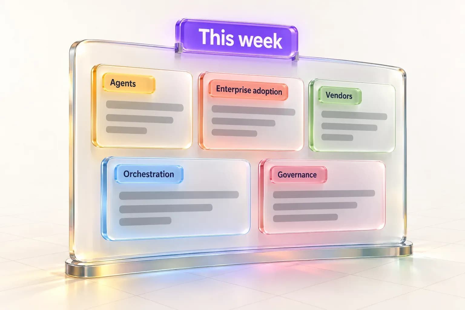 Curved glass news wall with tags for Agents, Enterprise adoption, Vendors, Orchestration and Governance under a violet "This week" marker.