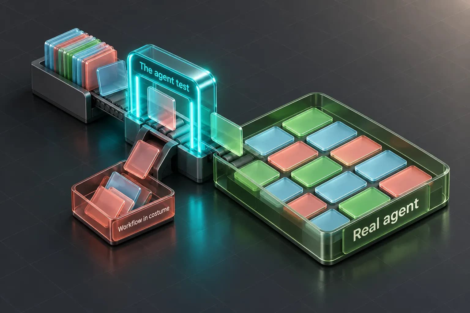 Isometric glass sorting line where use-case cards pass "The agent test" gate into a "Real agent" tray of twelve cards, with rejects dropping into a "Workflow in costume" bin.