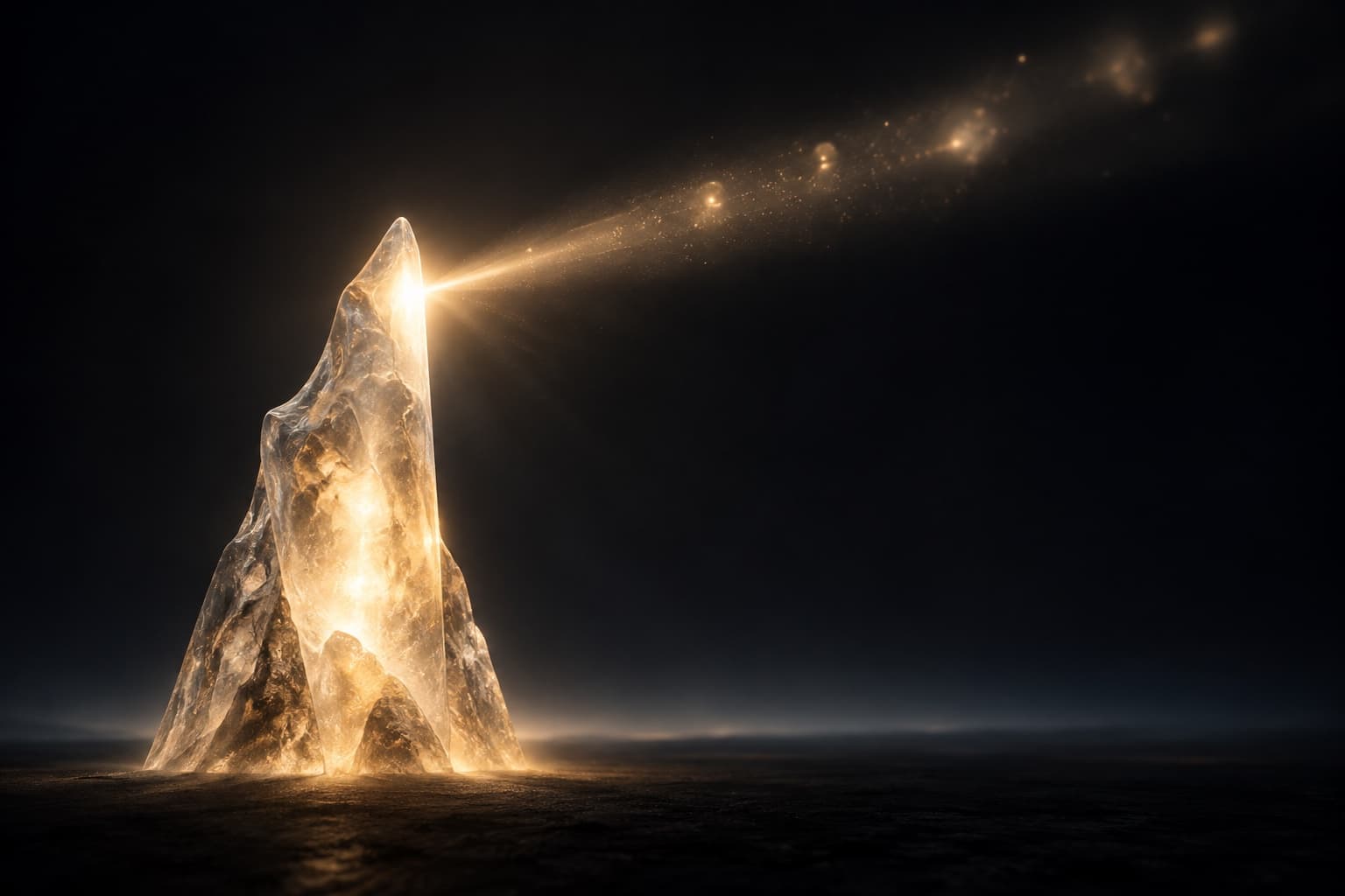 A tall frosted-glass beacon rising from a dark studio floor, casting one clean beam of light across scattered points of glow.