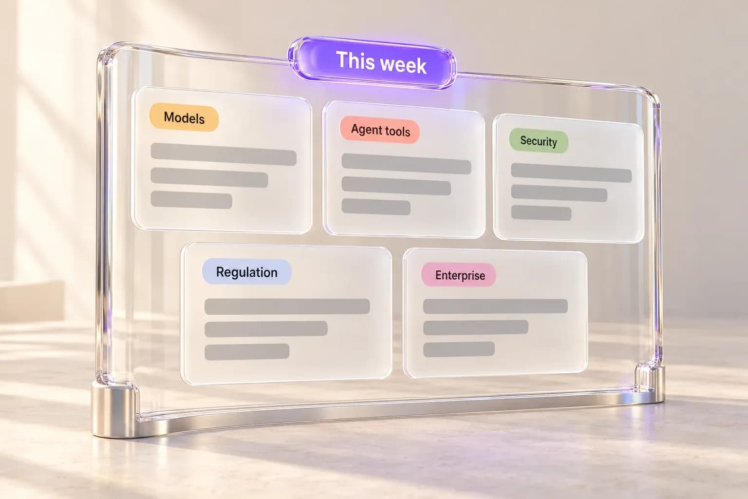 Curved glass news wall with category tags for Models, Agent tools, Security, Regulation and Enterprise, under a violet-lit "This week" marker, on a warm sand background.