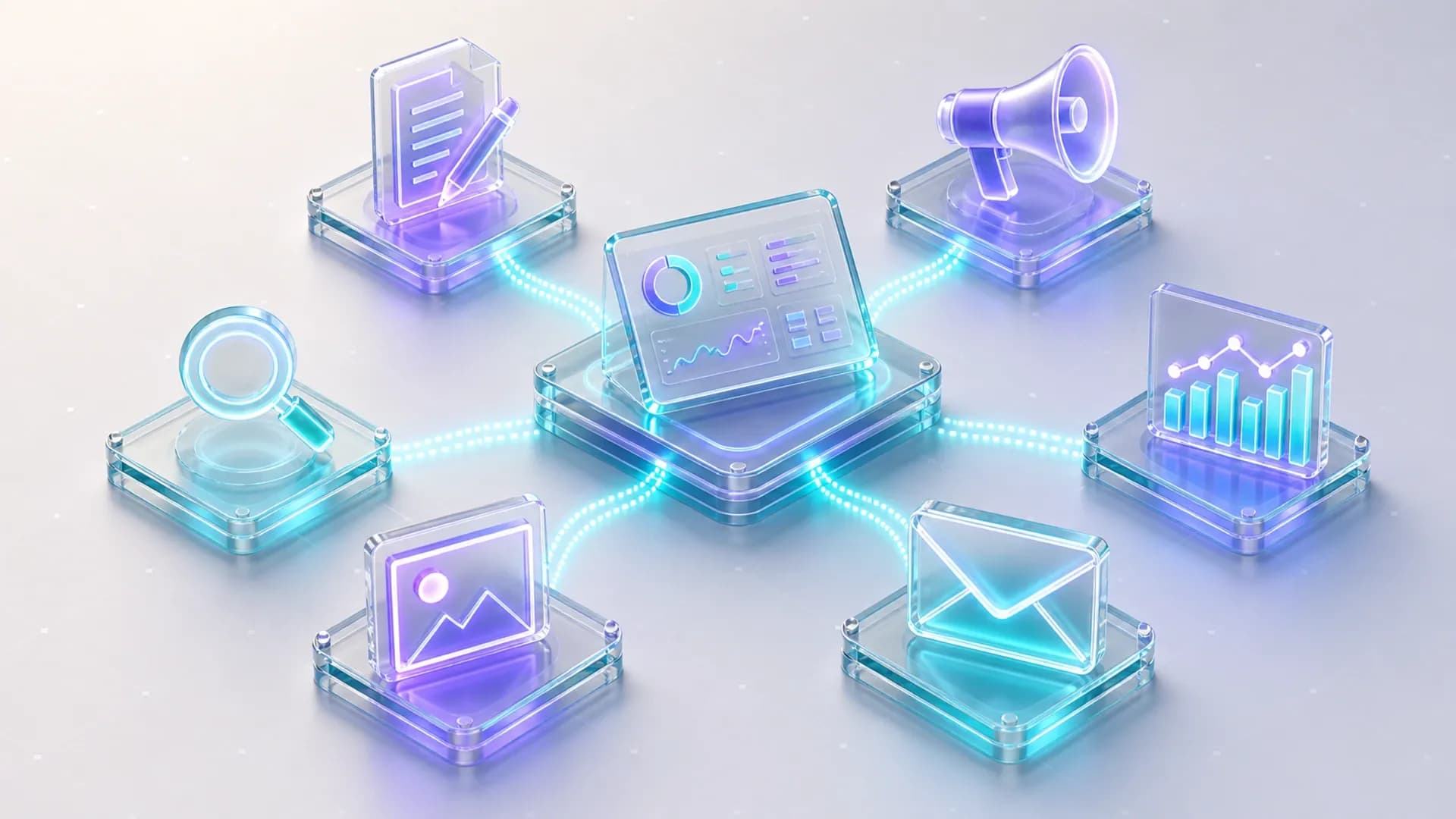 An isometric diagram of an agency hub surrounded by AI marketing tool nodes, including content, campaigns, analytics, creative, email, and SEO, representing the best AI tools for agencies.