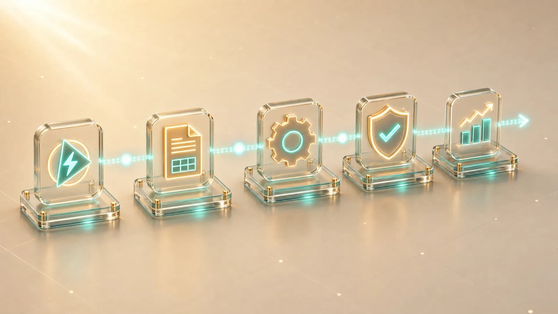 An isometric glass pipeline of process stages, including trigger, data, gear, approval, and output nodes, with a pulse moving through, representing AI workflow automation.