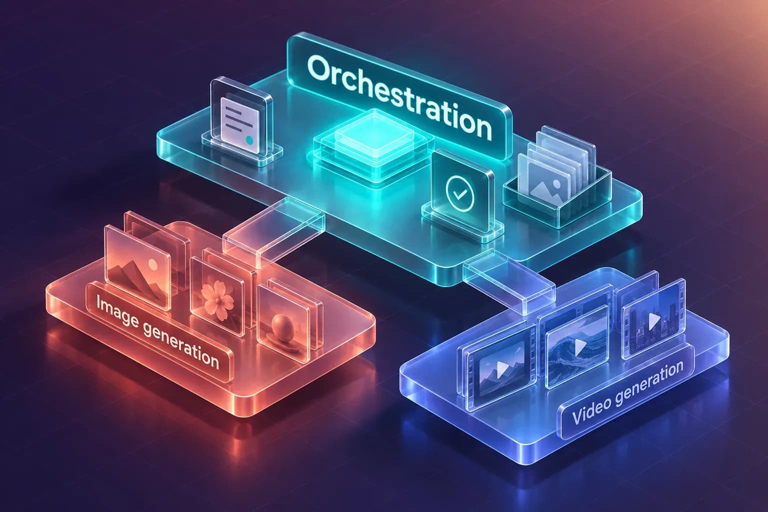 Three-layer glass creative stack with an "Orchestration" layer on top connected to "Image generation" and "Video generation" layers below.
