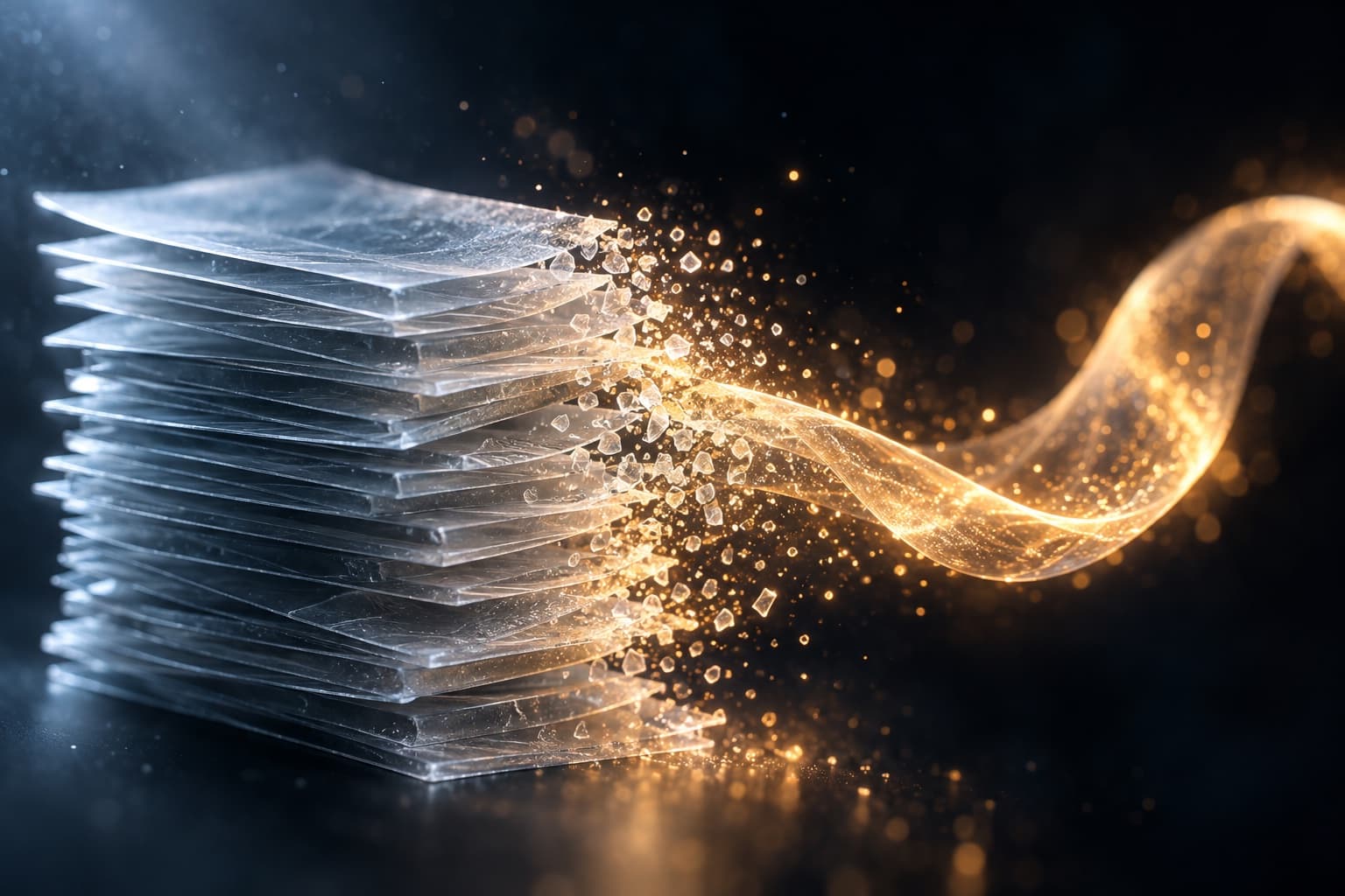 Stacked frosted glass panels dissolving into a stream of warm light that reforms into a single smooth ribbon, symbolizing manual work becoming automated.