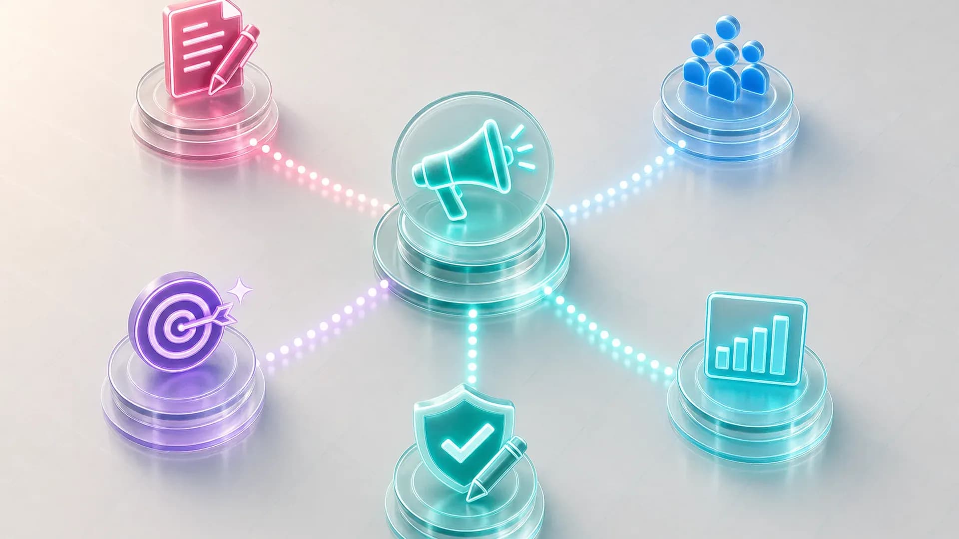 An isometric diagram of a marketing campaign node branching into content, segmentation, personalization, and reporting agent nodes, with an editorial approval checkpoint before publish, representing AI marketing automation.