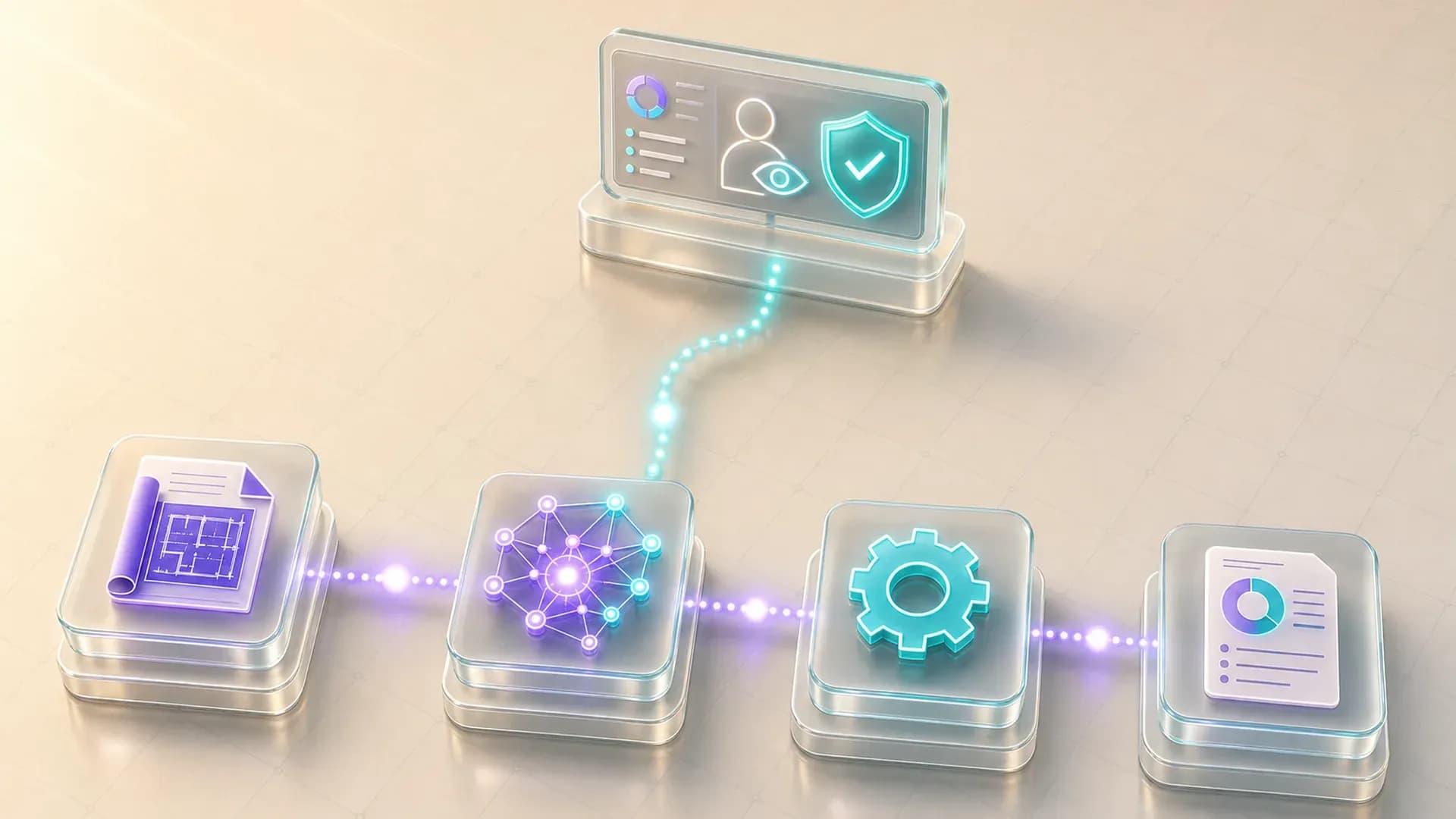 An isometric diagram of a documented workflow lane where AI agent nodes run the routine path and exceptions escalate up to a human oversight console, representing enterprise AI workforce deployment.