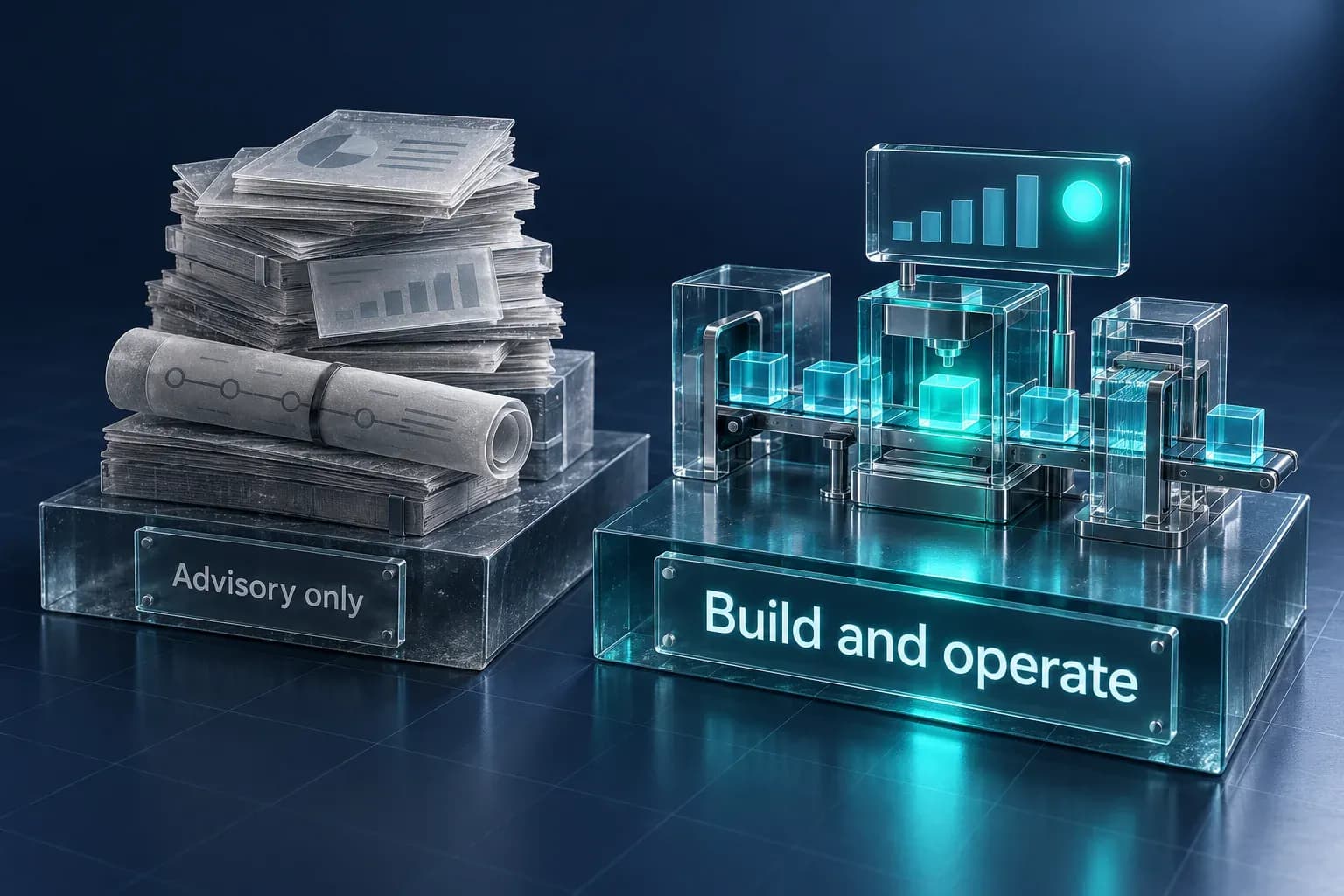 Two glass displays compared: a static "Advisory only" stack of decks beside a running "Build and operate" system with a teal status light.