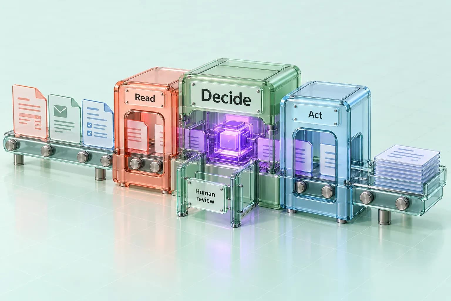 Glass document line passing "Read", a violet-lit "Decide" station with a "Human review" gate, and "Act".