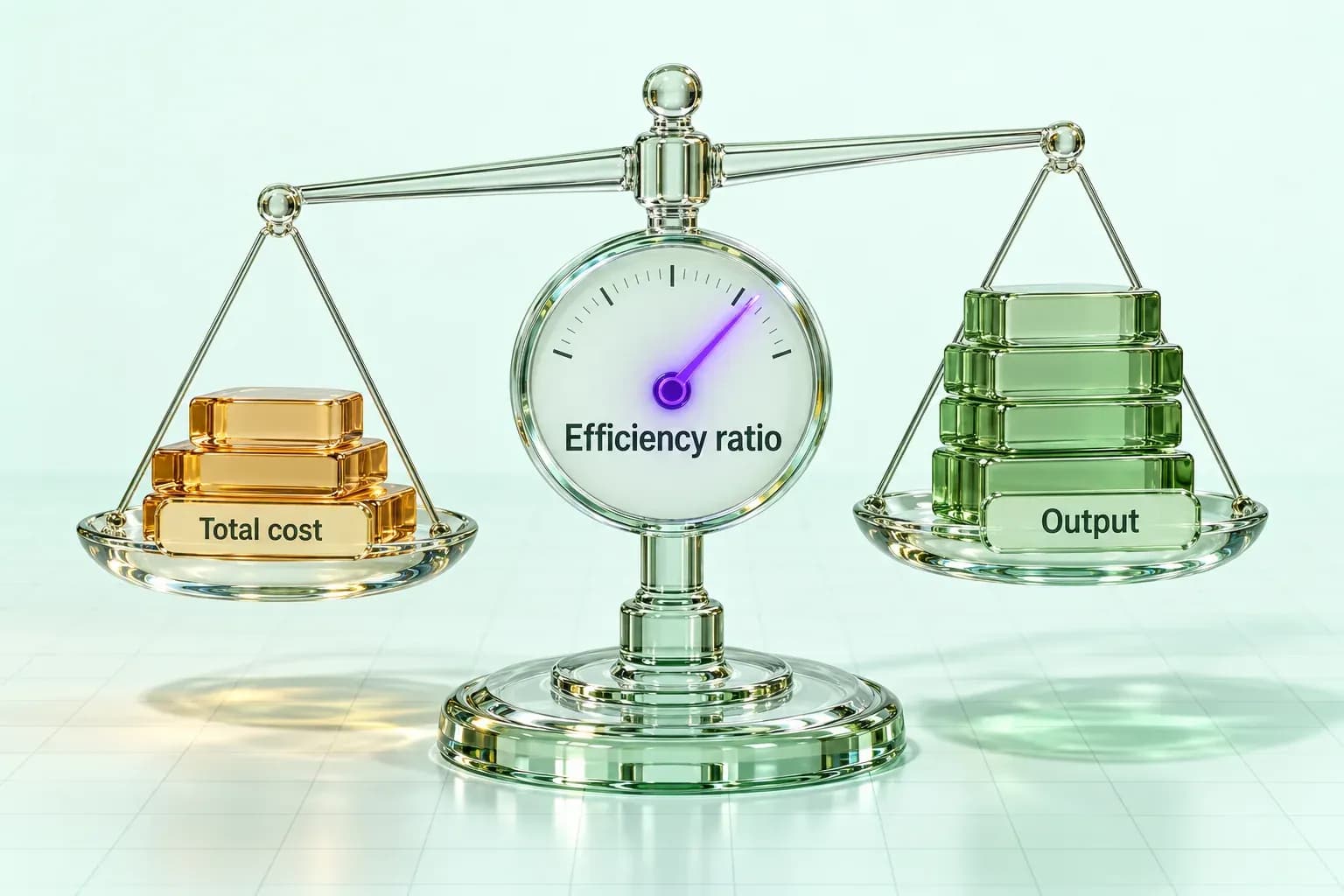 Glass balance scale weighing "Total cost" against "Output", with a violet-needled "Efficiency ratio" gauge at its centre.