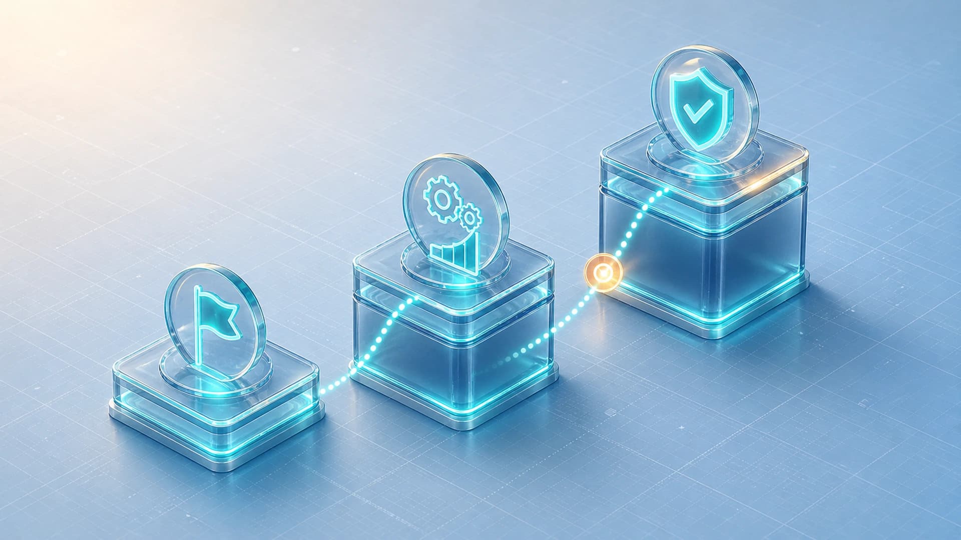 An isometric diagram of three ascending stages, pilot, build, and production, linked by a rising path with a progress marker, representing a 90-day AI operations plan.