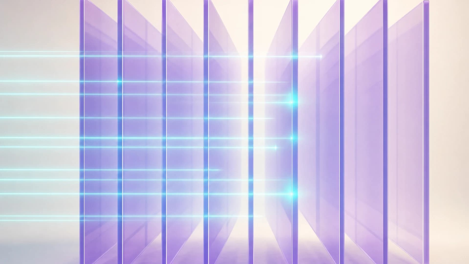 Layered translucent violet panes intercepting beams of teal light, with some beams passing through and others stopped, representing runtime permission and approval controls on AI agents.