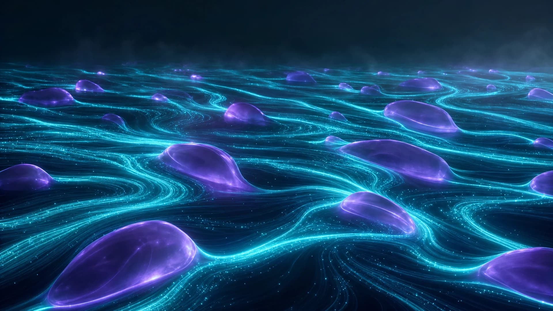 A wide field of teal particle currents branching and rejoining around violet decision nodes, representing many parallel agent workflows across business functions.