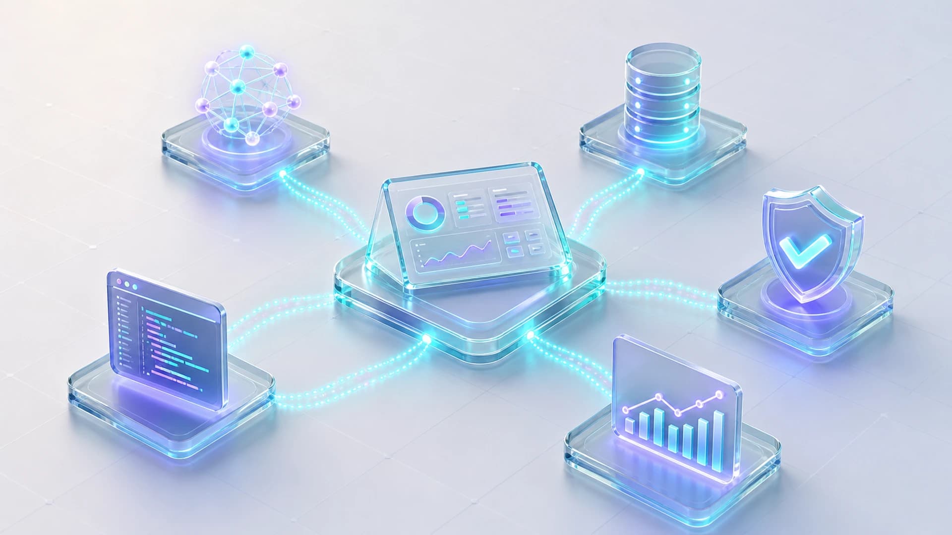 An isometric diagram of a central orchestrator console connected to specialist agents, including a neural cluster, a database, a shield, a code panel, and a chart, representing an AI agent platform.