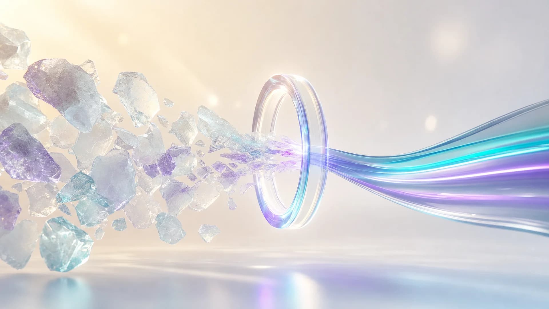 An abstract glass pipeline where raw, cloudy fragments refine through a single glowing aperture into one clean, light-filled ribbon, representing an AI content engine that turns inputs into finished output.