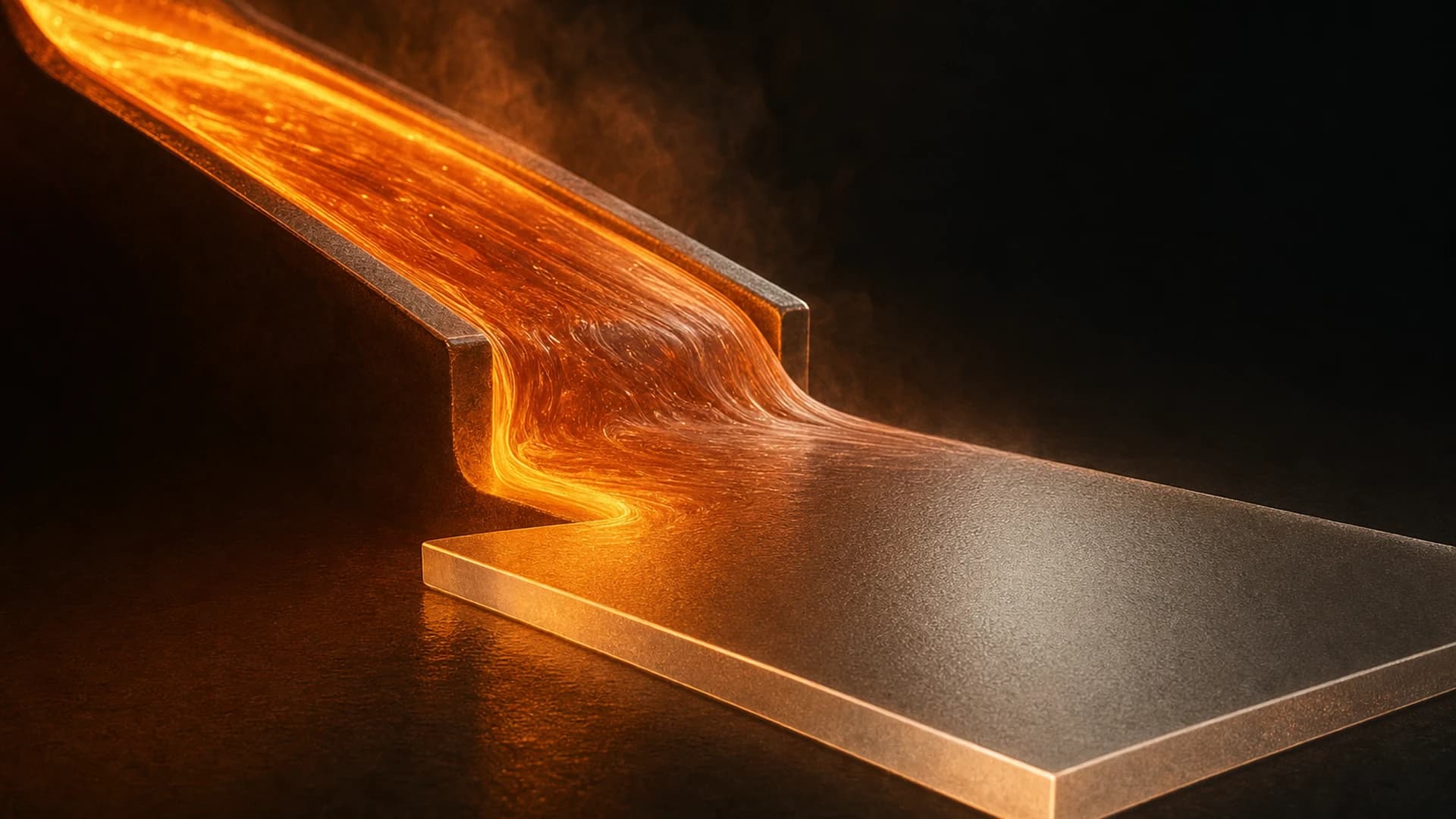 Molten glass glowing warm amber and copper flowing through a formed channel against a near-black background, cooling into a finished flat panel with clean edges, representing raw model output refined into delivered creative work.