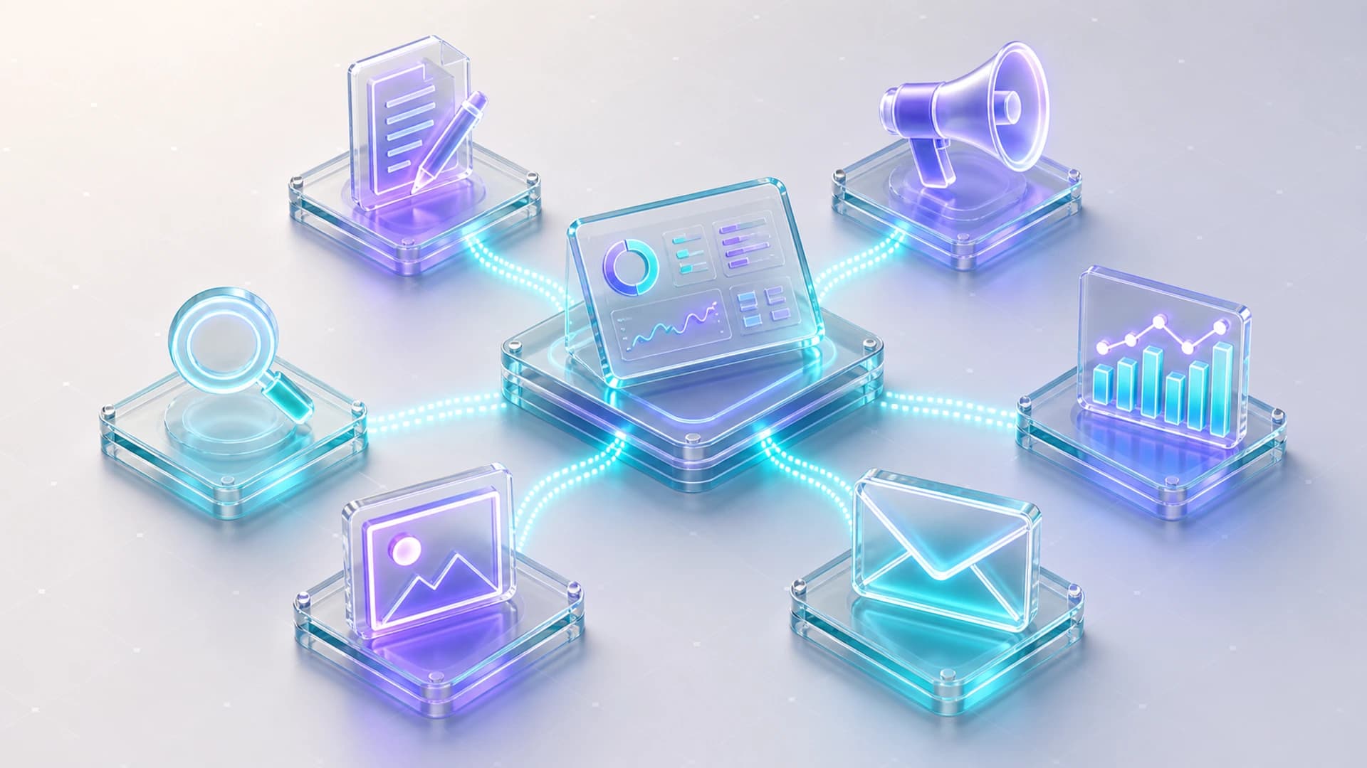 An isometric diagram of an agency hub surrounded by AI marketing tool nodes, including content, campaigns, analytics, creative, email, and SEO, representing the best AI tools for agencies.