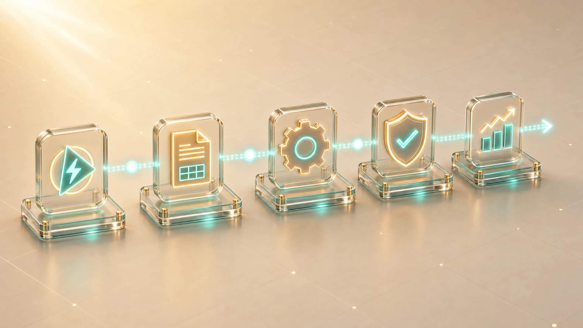 An isometric glass pipeline of process stages, including trigger, data, gear, approval, and output nodes, with a pulse moving through, representing AI workflow automation.