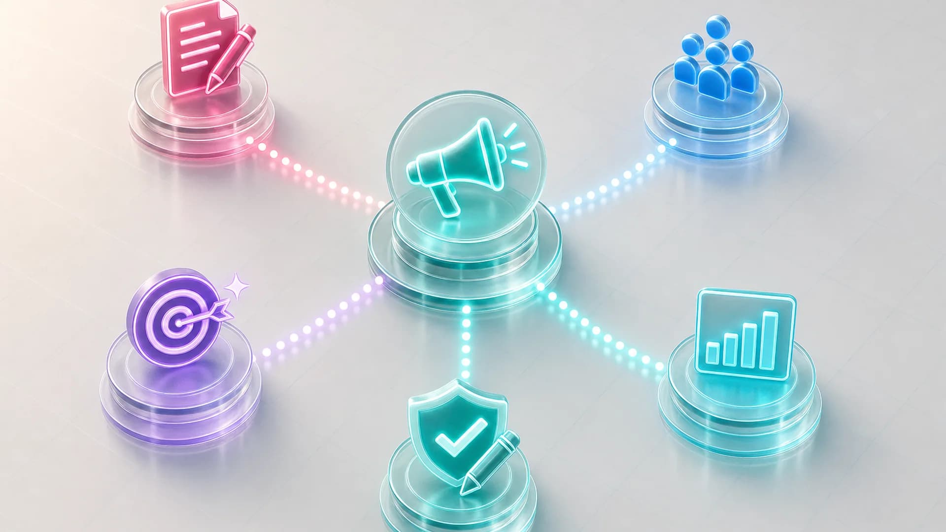 An isometric diagram of a marketing campaign node branching into content, segmentation, personalization, and reporting agent nodes, with an editorial approval checkpoint before publish, representing AI marketing automation.