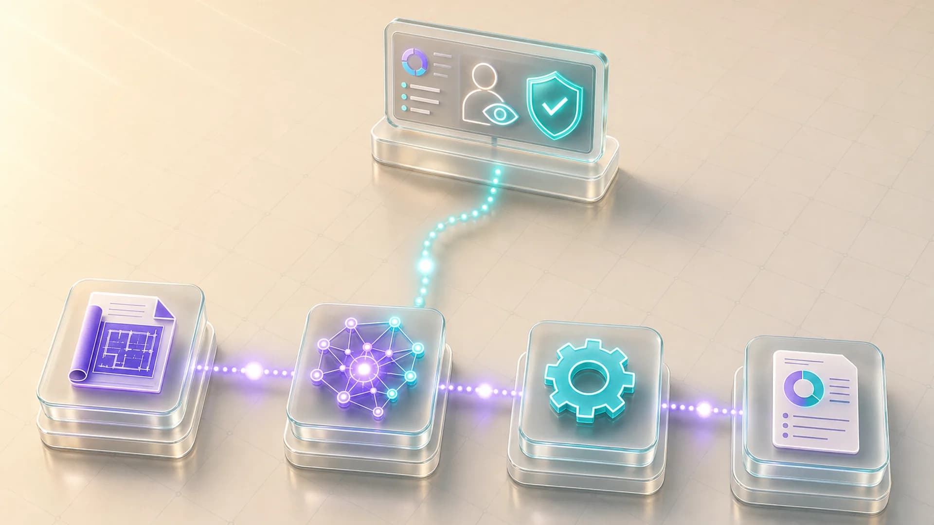 An isometric diagram of a documented workflow lane where AI agent nodes run the routine path and exceptions escalate up to a human oversight console, representing enterprise AI workforce deployment.