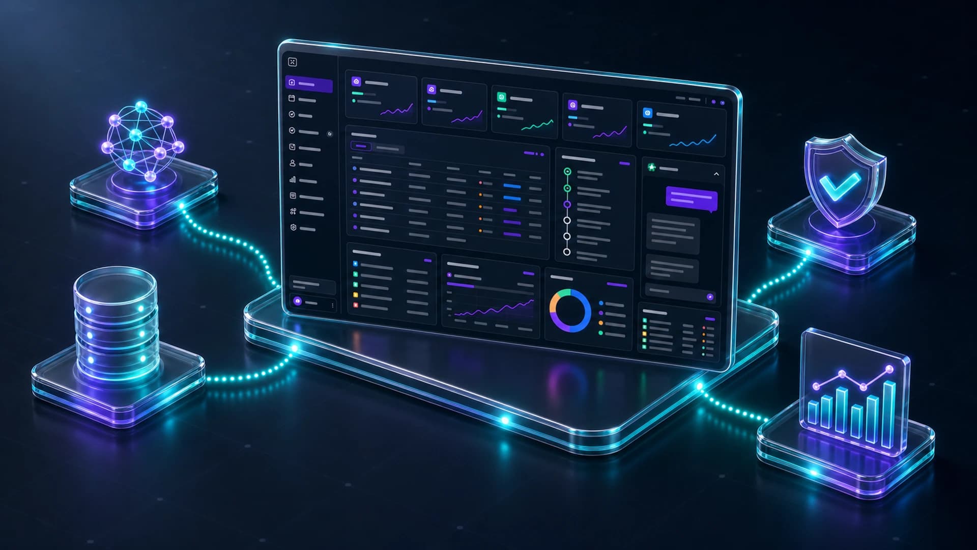An isometric diagram of the Archon dashboard panel surrounded by feeder nodes, an agent, a database, an approval shield, and a chart, representing a client command center.