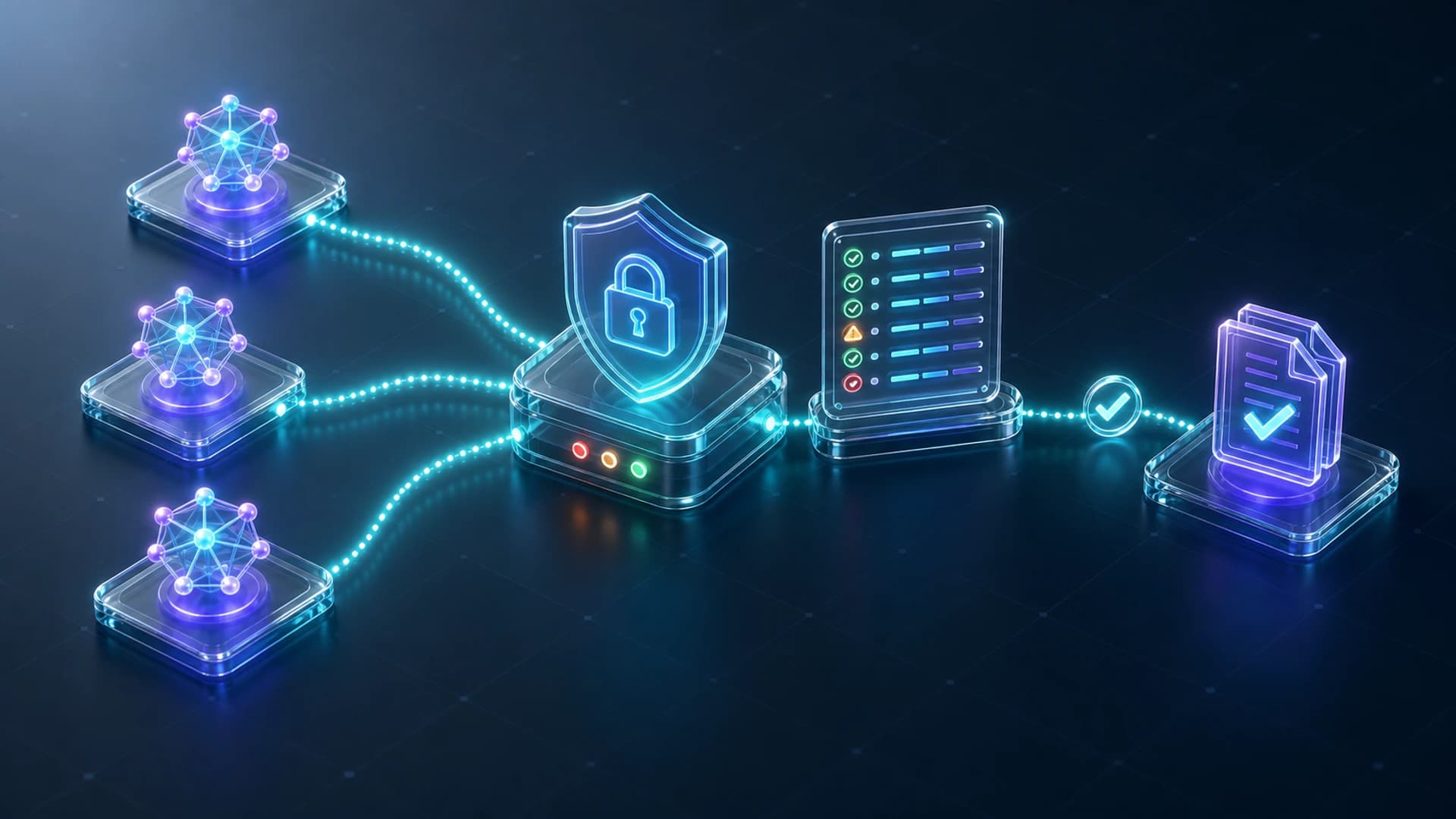 An isometric diagram of agent nodes routed through a shield gate with a red-green indicator and an audit-log panel, representing governed AI agents.