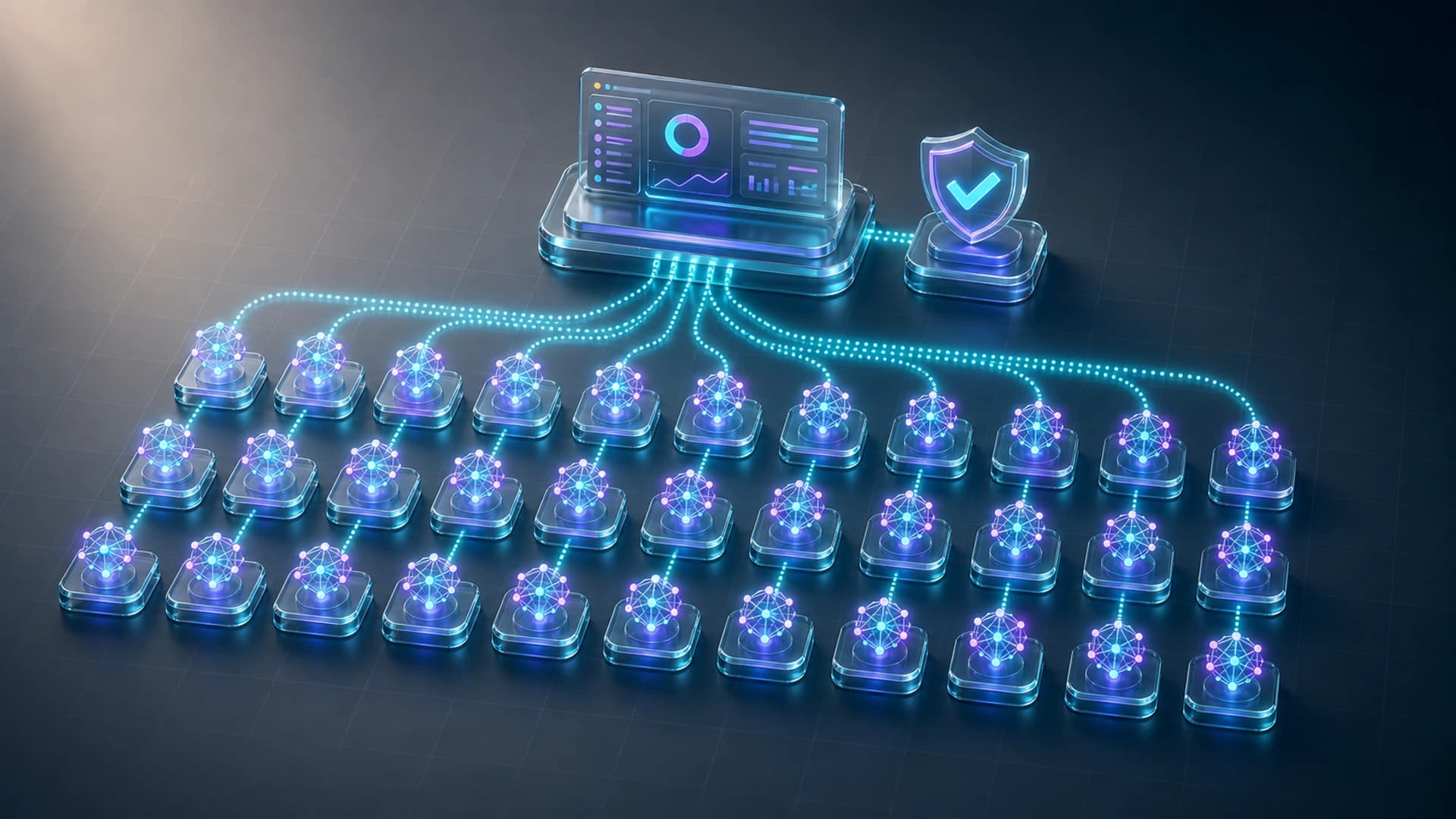 An isometric diagram of ordered rows of AI agent nodes connected to a central control console with an approval gate, representing a managed AI workforce.