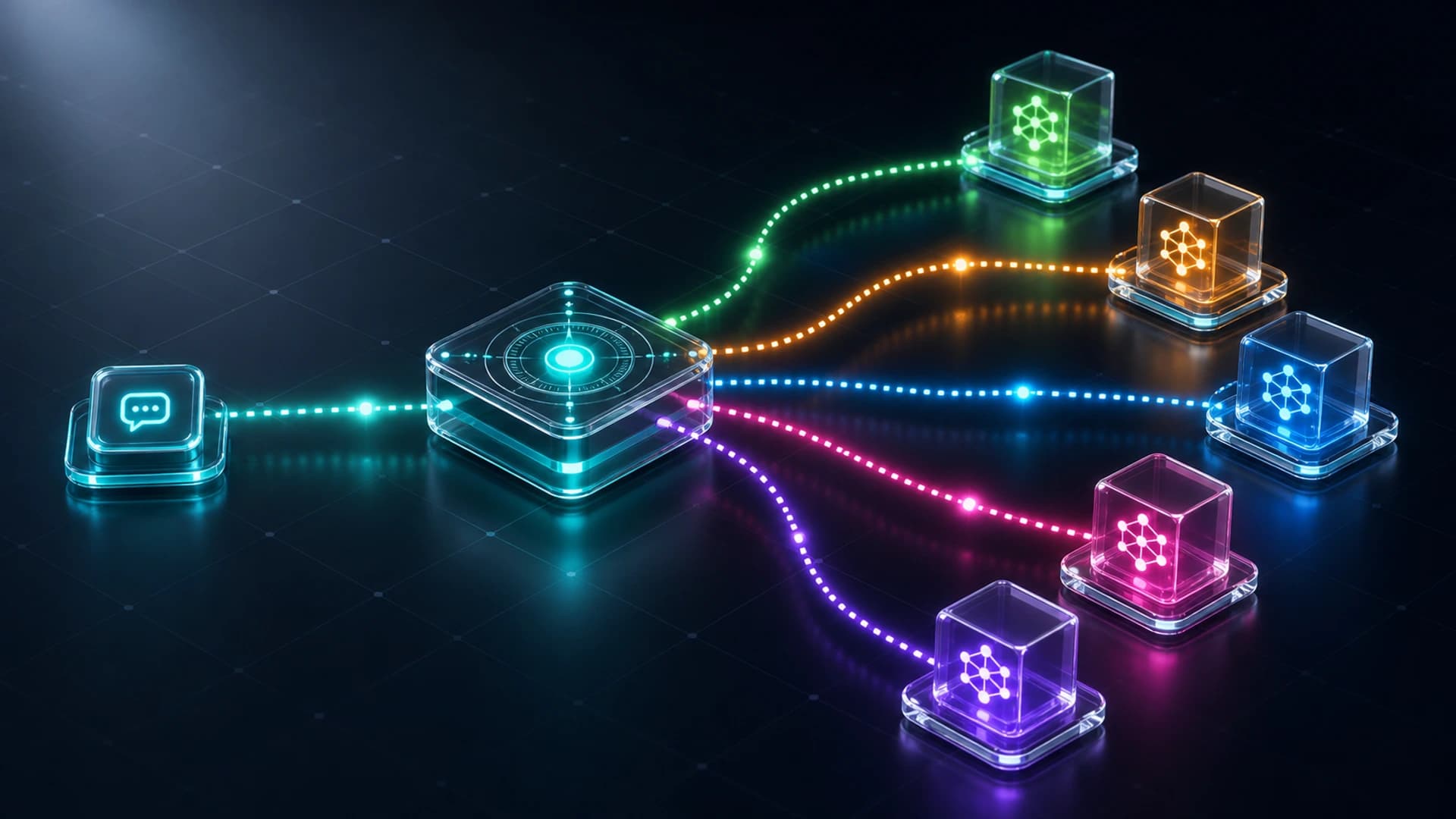 An isometric diagram of a router fanning one input to several differently colored neural-model cubes, representing a model-agnostic AI stack.