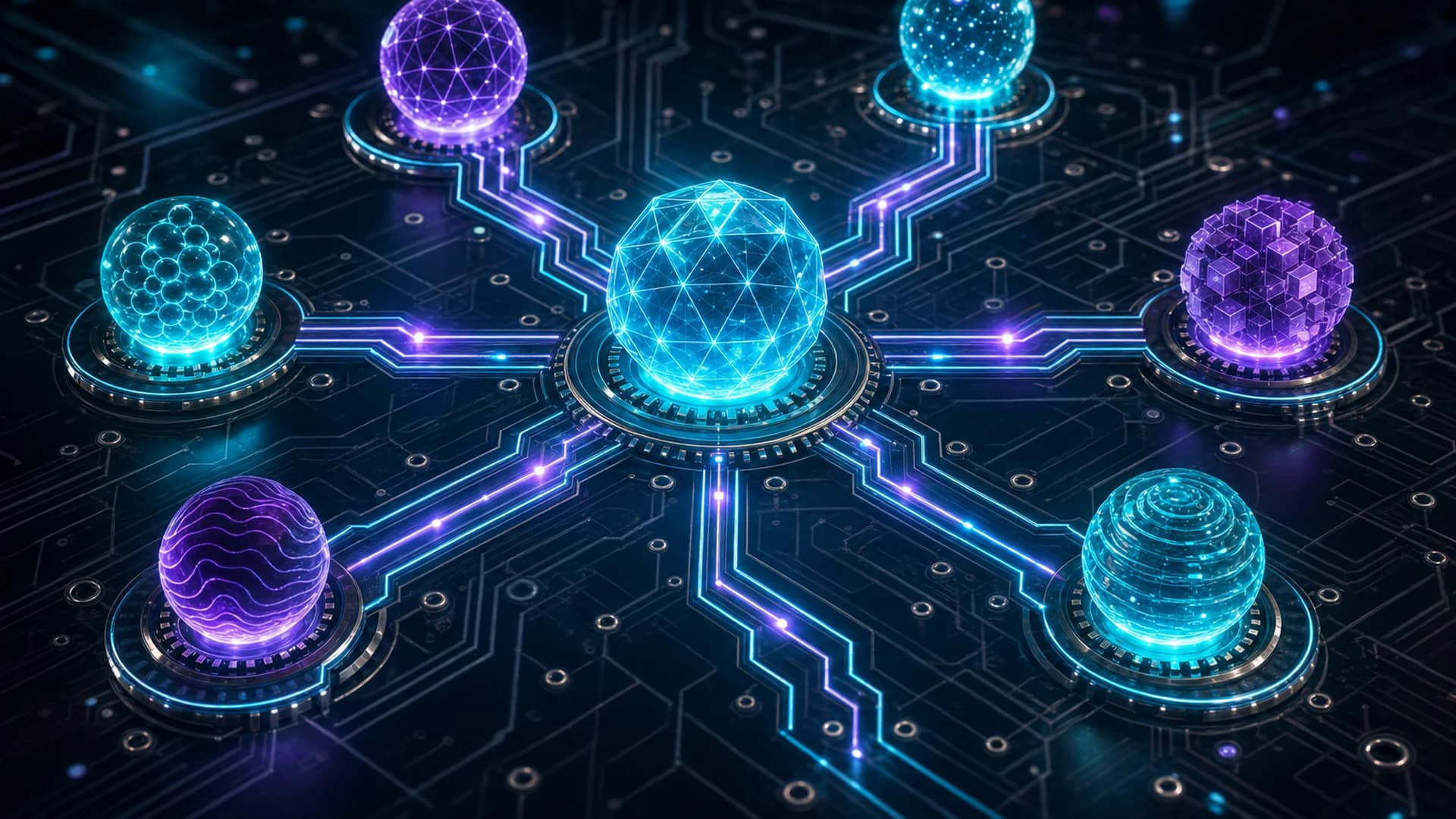 A glowing circuit-board node graph with a central orchestrator core wired by luminous traces to six distinct specialist agent nodes, representing a multi-agent AI platform that coordinates specialist agents.
