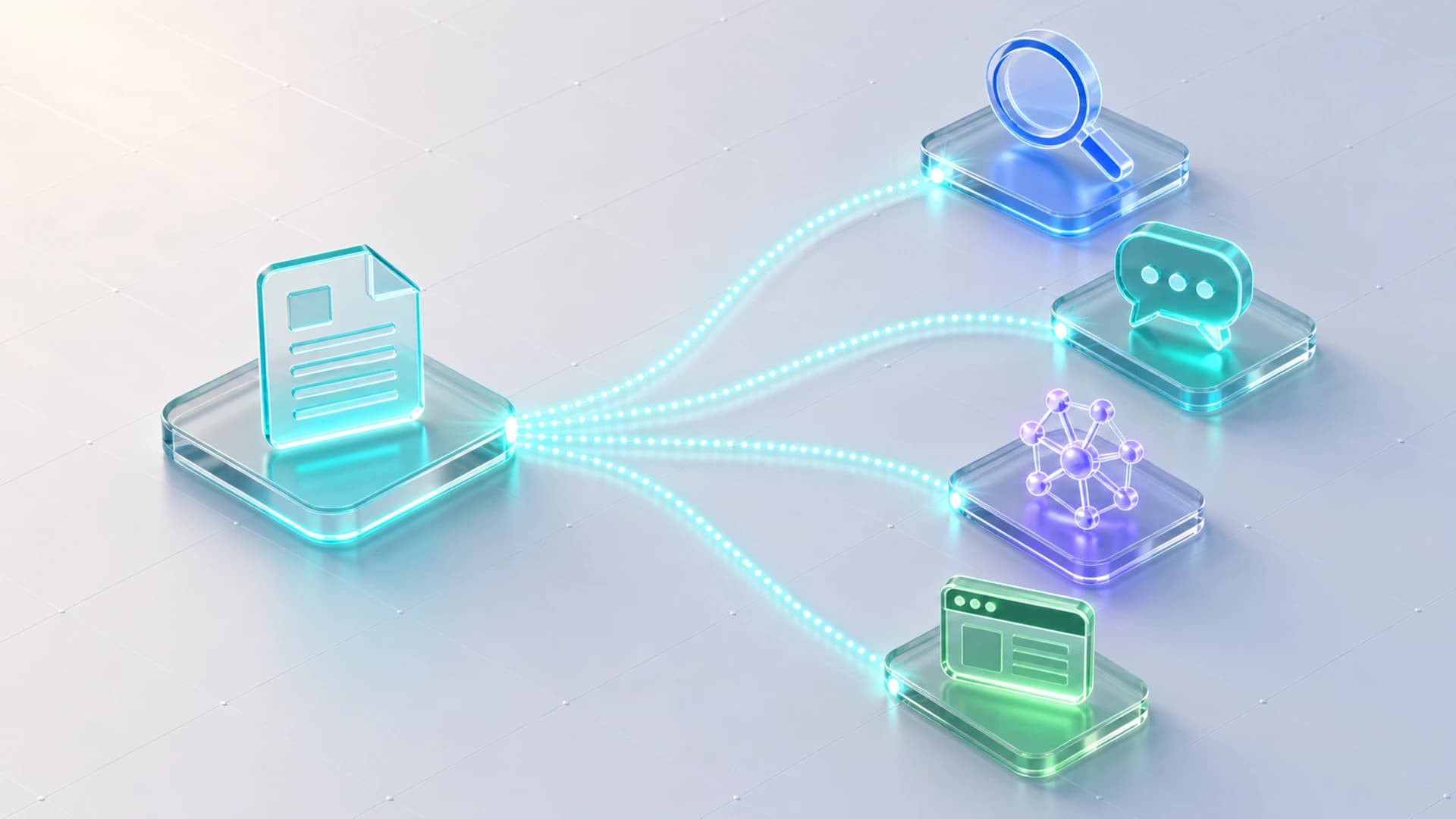 An isometric diagram of one content source fanning out to search, answer-engine, AI-model, and web destinations, representing SEO, GEO, and AIO.