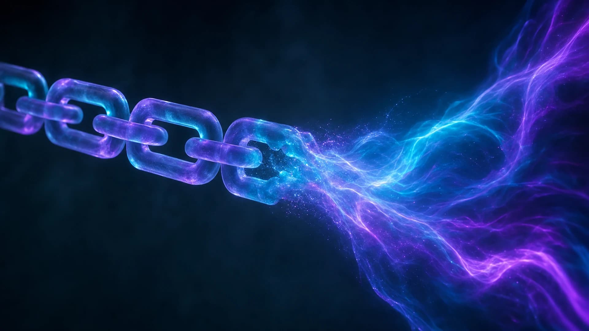 A rigid chain of glass links dissolving into a fluid stream of teal and violet light, representing the shift from fixed trigger paths to goal-directed agents.