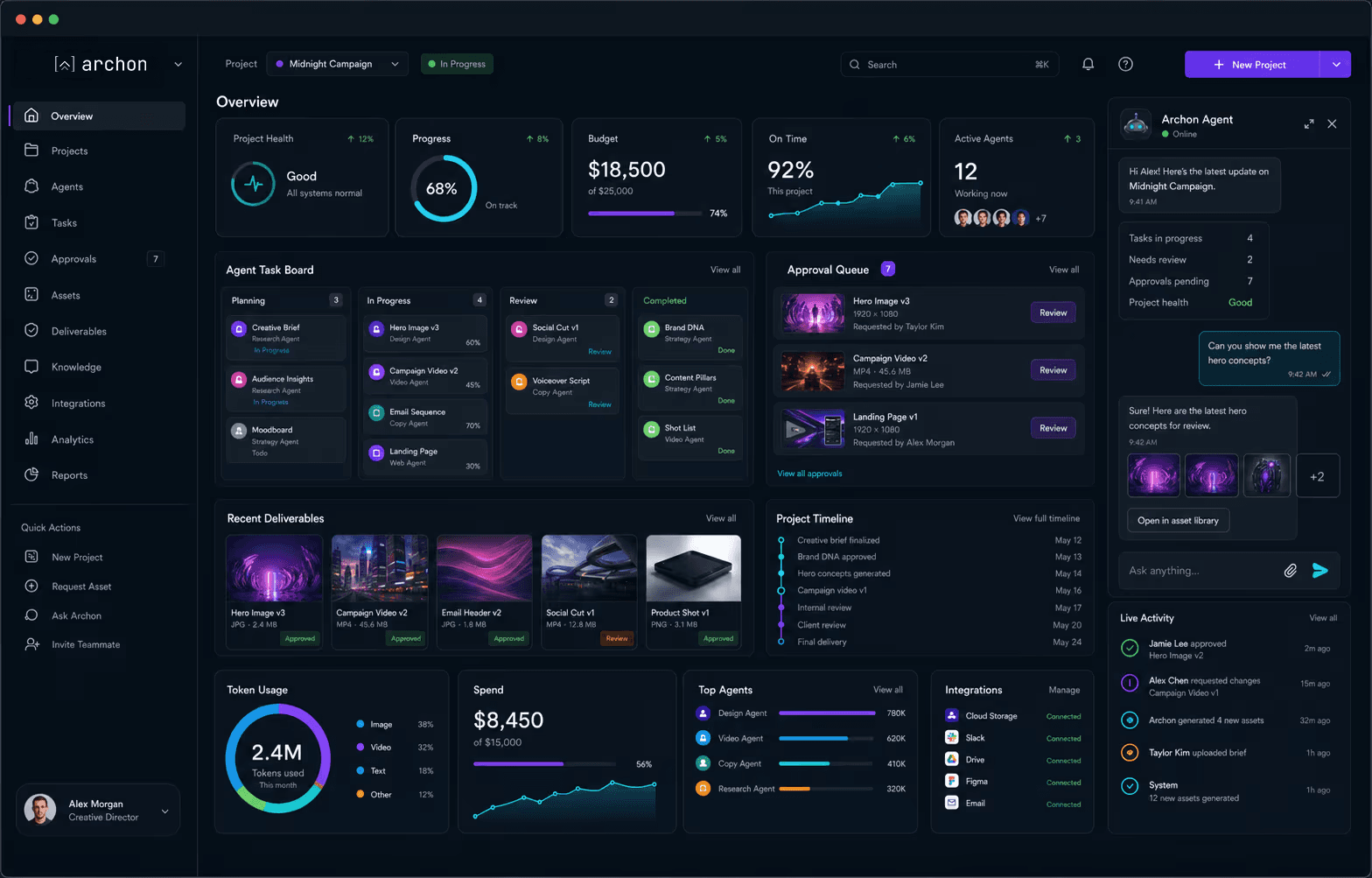 Archon Workforce command center showing active agents, task board, approvals, deliverables, usage, integrations, and live project agent chat