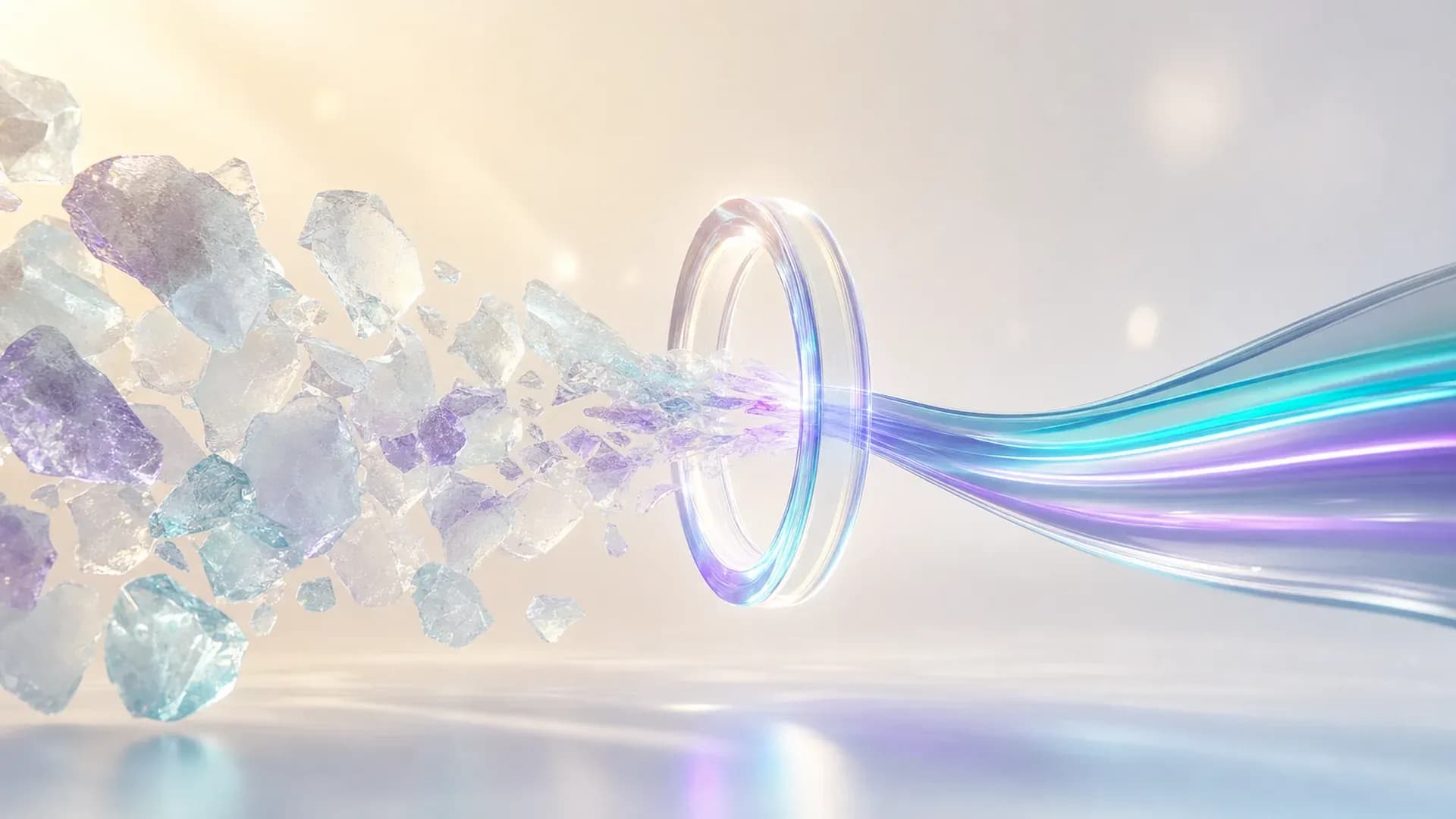 An abstract glass pipeline where raw, cloudy fragments refine through a single glowing aperture into one clean, light-filled ribbon, representing an AI content engine that turns inputs into finished output.