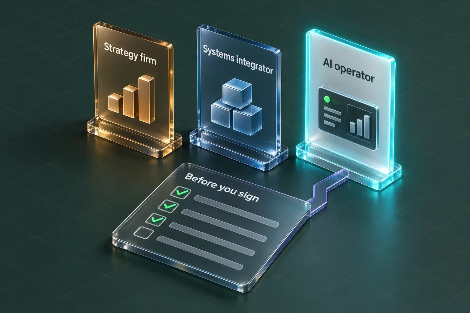 Isometric glass shortlist of three firm cards labeled "Strategy firm", "Systems integrator" and "AI operator", with the AI operator card lit teal and linked to a "Before you sign" checklist.