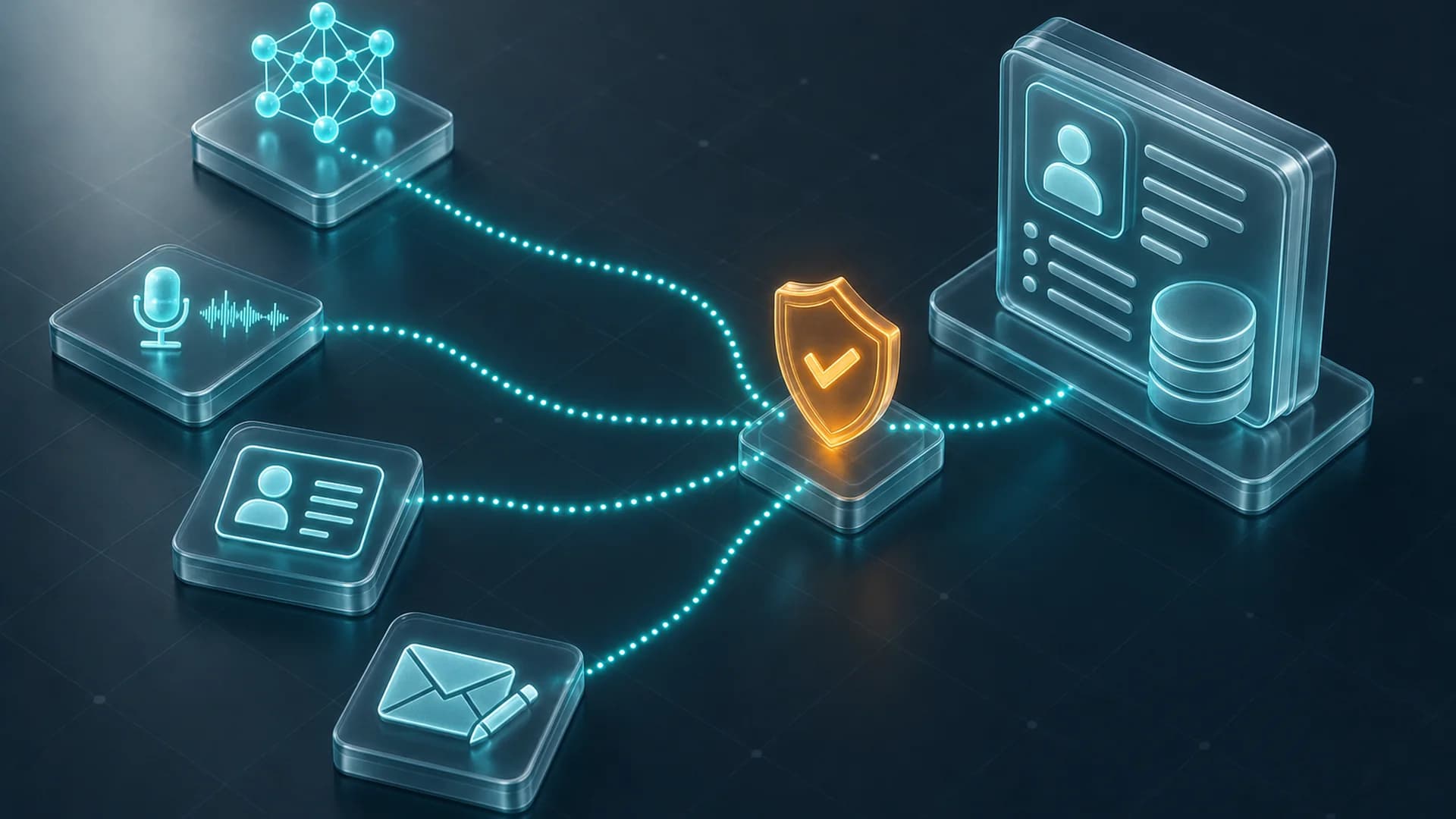 An isometric diagram of a central CRM record node fed by AI agent nodes for call logging, enrichment, follow-up drafting, and pipeline hygiene, passing through an approval gate, representing AI sales automation.
